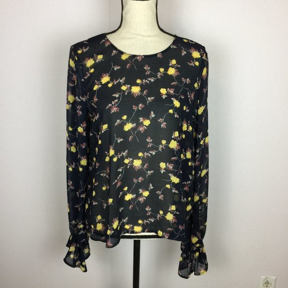 New! Lush Blouse Top Size M Black Yellow Floral Print Sheer Chiffon Long Sleeve - Picture 1 of 15